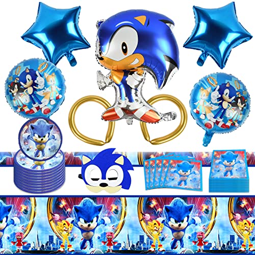 Decoracion Cumpleaños Sonic the Hedgehog, 39 Piezas Juego de Suministros para Fiestas, Vajilla de Cumpleaños con Platos, Servilletas, Manteles, Sonic Foil Globos, Máscara, para Sonic Party Supplies