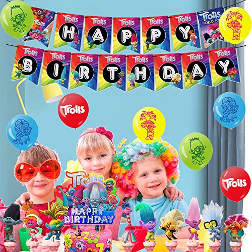 Decoracion Cumpleaños Trolls Globos de Fiesta Trolls Adornos para Tartas de Cumpleaños Trolls Pancarta de Feliz Cumpleaños Trolls Cumpleaños Globos Decoracion Trolls Decoraciones Fiesta Cumpleaños