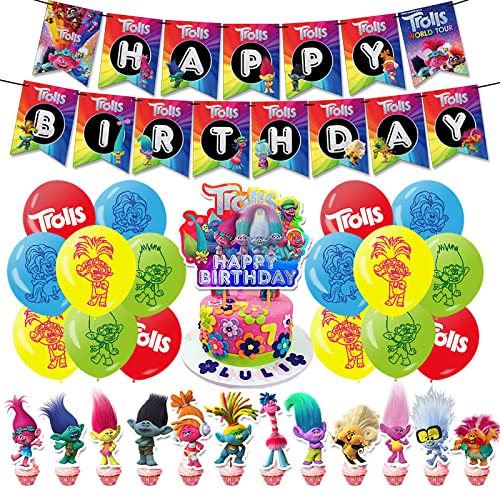 Decoracion Cumpleaños Trolls Globos de Fiesta Trolls Adornos para Tartas de Cumpleaños Trolls Pancarta de Feliz Cumpleaños Trolls Cumpleaños Globos Decoracion Trolls Decoraciones Fiesta Cumpleaños