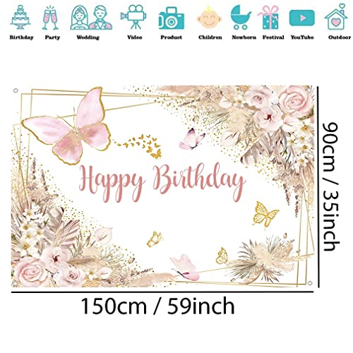 Decoración de cumpleaños Happy Birthday Fondo Banner Fiesta Decoración para Niñas Mariposas y Flores Cumpleaños Fiesta Tela Cartel Póster Cumpleaños Foto Fondo 150 x 90 cm