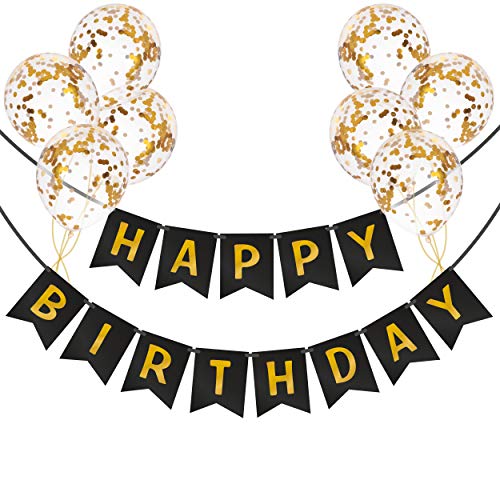Decoración para Fiestas de Cumpleaños con Pancarta Happy Birthday Negra con Letras Doradas y Globos de Confeti | Guirnalda para todo tipo de Celebraciones | Feliz Cumpleaños para Niños y Papás