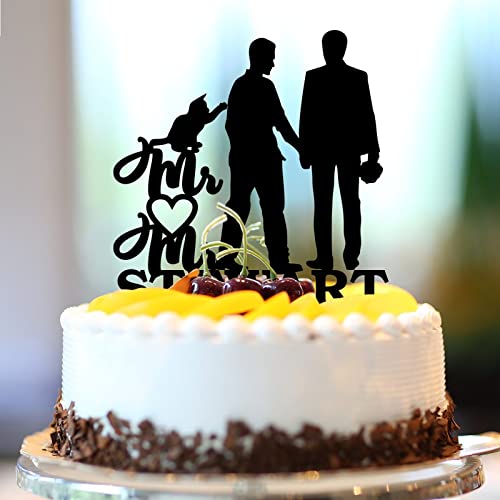 Decoración para tartas de pareja gay acrílico negro con perro gato divertido para él y su pastel de silueta amor dos hombres boda compromiso fiesta decoración personalizada apellido fecha hombres