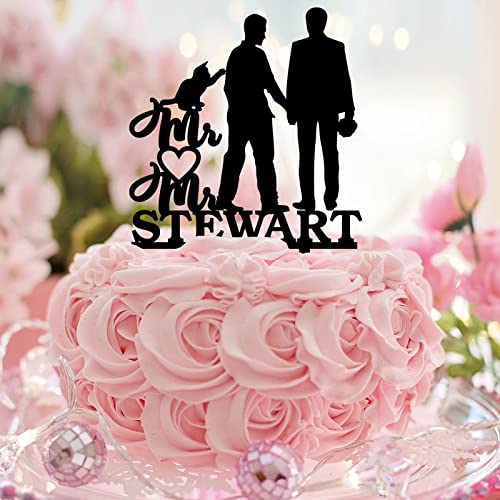 Decoración para tartas de pareja gay acrílico negro con perro gato divertido para él y su pastel de silueta amor dos hombres boda compromiso fiesta decoración personalizada apellido fecha hombres