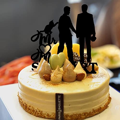 Decoración para tartas de pareja gay acrílico negro con perro gato divertido para él y su pastel de silueta amor dos hombres boda compromiso fiesta decoración personalizada apellido fecha hombres