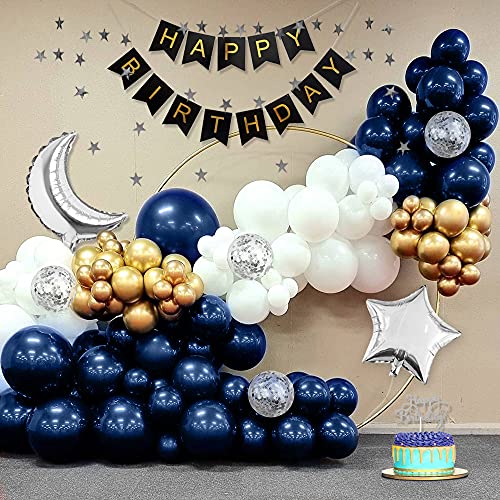 Decoraciones cumpleaños para hombres, globos azul marino pancarta HAPPY BIRTHDAY globos blancos globos confeti plateados banderines estrellas plateadas globos oro metálicos Globos Luna Estrella