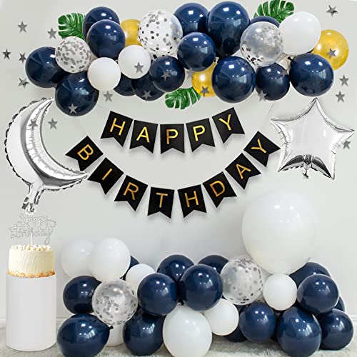 Decoraciones cumpleaños para hombres, globos azul marino pancarta HAPPY BIRTHDAY globos blancos globos confeti plateados banderines estrellas plateadas globos oro metálicos Globos Luna Estrella