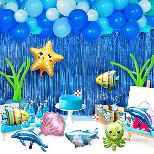 Decoraciones de fiesta de cumpleaños de animales del océano para niño Globos de fiesta blancos azules Kit de arco de guirnalda con globo de estrella de mar de delfín Decoraciones de fiesta para niños