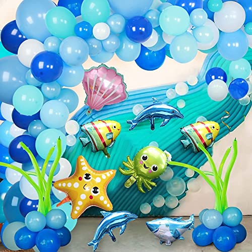 Decoraciones de fiesta de cumpleaños de animales del océano para niño Globos de fiesta blancos azules Kit de arco de guirnalda con globo de estrella de mar de delfín Decoraciones de fiesta para niños