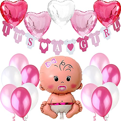 Decoraciones Fiesta de Bienvenida de Bebé Niña. Bandera Es Una Chica It’s a Girl, Globo de Aluminio a Recién Nacida, 5 Corazon Globos de Aluminio, 12 Globos. Accessorios Baby Shower