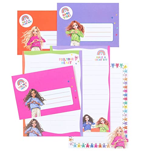 Depesche 12081 Topmodel Self Love - Set de Papelería En Carpeta de Abanico con Diseño de Modelo En Colores del Arco Iris, Set de Escritura Que Incluye 24 Hojas de Papel de Carta y 18 Sobres