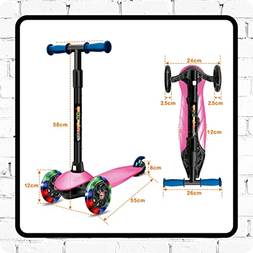 DEQUBE- Patinete Infantil 3 Ruedas Ajustable- Patinete con Ruedas LED y Freno Trasero- Plegable y fácil de Transportar. Ultraligero y Seguro. Para niños de 2 a 7 años. Color Rosa (914D00018)…