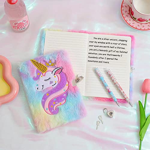 Diario Secreto Niña con Candado, Peluche Cuaderno Viaje, A5 Cuaderno Privado, Unicornio Cuaderno de Felpa Set Incluye Bolígrafo Multicolor, Monedero, Bolsa de Playa, Pegatinas Un Regalo para Niñas