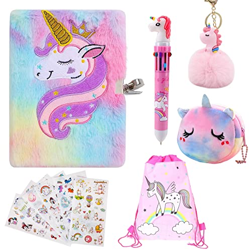 Diario Secreto Niña con Candado, Peluche Cuaderno Viaje, A5 Cuaderno Privado, Unicornio Cuaderno de Felpa Set Incluye Bolígrafo Multicolor, Monedero, Bolsa de Playa, Pegatinas Un Regalo para Niñas