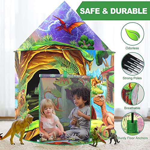 Dinosaurios Tienda Campaña Tipi Infantil Exterior Interior Pop Up Plegable Casita de Juegos con Bolsa Portátil y Pegatinas Dinosaurios Fiesta Juguete Regalos de Cumpleaños Túnel de Cama para Niños