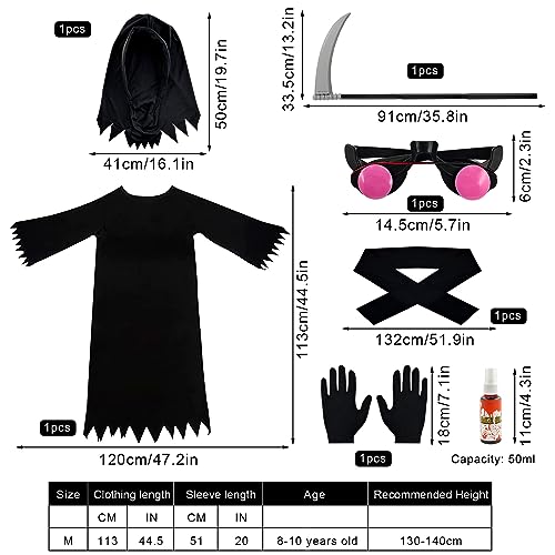 Disfraz de Halloween para Niños,Disfraz de Segador de Almas con Ojos Brillantes,Guadaña,Guantes,Sangre Artificial,Sombrero,Truco o Trato en Halloween,Fantasma Cosplay,Carnival,para 8-10 Años(Talla M)