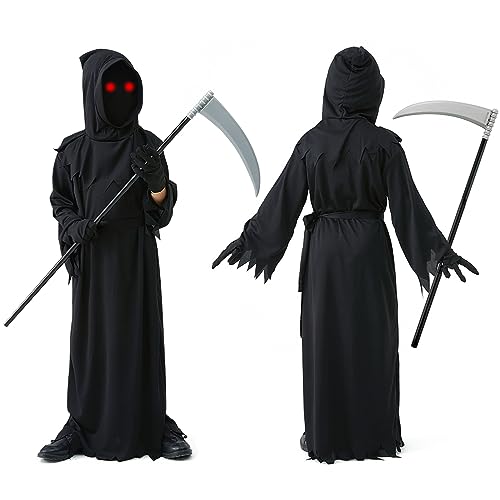 Disfraz de Halloween para Niños,Disfraz de Segador de Almas con Ojos Brillantes,Guadaña,Guantes,Sangre Artificial,Sombrero,Truco o Trato en Halloween,Fantasma Cosplay,Carnival,para 8-10 Años(Talla M)