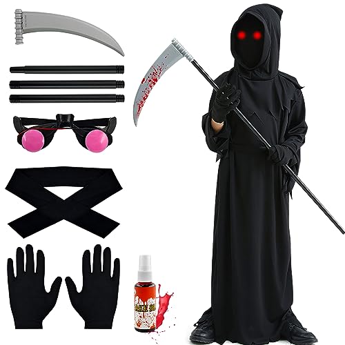 Disfraz de Halloween para Niños,Disfraz de Segador de Almas con Ojos Brillantes,Guadaña,Guantes,Sangre Artificial,Sombrero,Truco o Trato en Halloween,Fantasma Cosplay,Carnival,para 8-10 Años(Talla M)