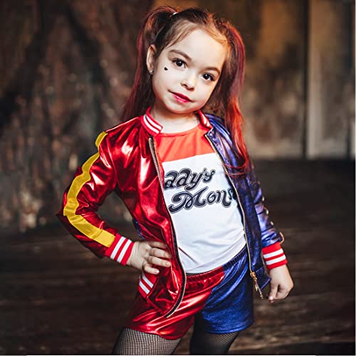 Disfraz de Harley Quinn Niña,Escuadrón Suicida Harley Quinn Cosplay Traje Set-1 x Guantes, 1 x Chaqueta, 1 x Camiseta, 1 x Pantalones Cortos