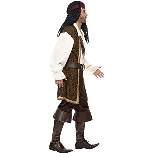 Disfraz de pirata de alta mar para adulto + sombrero y trenzas + fundas para botas desgastadas – Capitán del Caribe Jack (grande (42-44 pulgadas)