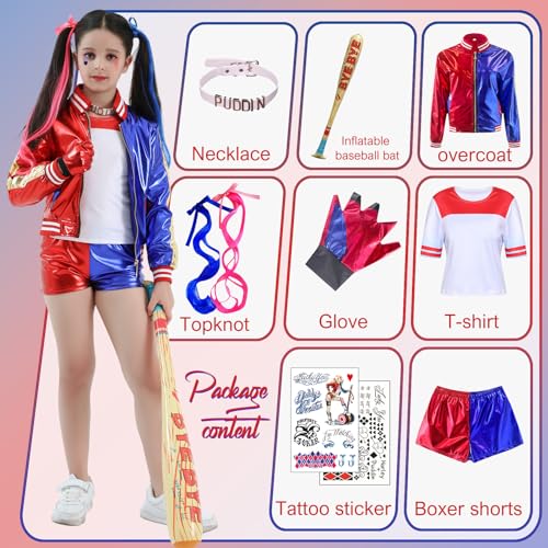 Disfraz de Quinn para Niñas Cosplay Suicide Escuadrón Set - chaqueta, camiseta, pantalones cortos, guantes, bate inflable, para Halloween, Fiesta, Carnaval (150, Rojo azul-Niña)