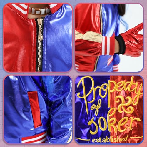 Disfraz de Quinn para Niñas Cosplay Suicide Escuadrón Set - chaqueta, camiseta, pantalones cortos, guantes, bate inflable, para Halloween, Fiesta, Carnaval (150, Rojo azul-Niña)