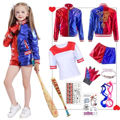 Disfraz de Quinn para Niñas Cosplay Suicide Escuadrón Set - chaqueta, camiseta, pantalones cortos, guantes, bate inflable, para Halloween, Fiesta, Carnaval (150, Rojo azul-Niña)