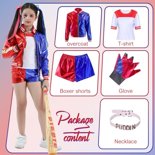 Disfraz de Quinn para Niñas Cosplay Suicide Escuadrón Set - chaqueta, camiseta, pantalones cortos, guantes, cuello para Halloween, Fiesta, Carnaval (130(125-135cm), Rojo Azul-niña)