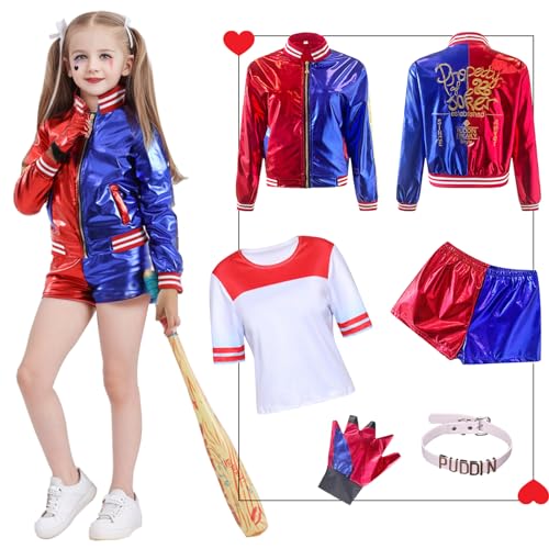 Disfraz de Quinn para Niñas Cosplay Suicide Escuadrón Set - chaqueta, camiseta, pantalones cortos, guantes, cuello para Halloween, Fiesta, Carnaval (130(125-135cm), Rojo Azul-niña)