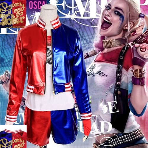 Disfraz infantil de Harley Quinn, para niña, escuadrón suicida, juego de disfraz de Halloween, incluye chaqueta, camiseta, pantalones cortos, guantes y villanos, disfraz de cosplay para adultos y