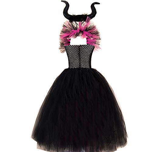 Disfraz Maléfica Niña Bruja Vampiresa Reina Malvada Maleficent Princesa Tutu Vestido+Diadema de Cuernos+las de Angel Conjunto Halloween Carnaval Fiesta de Cosplay Disfraces 04-Rosa caliente 4-5 años