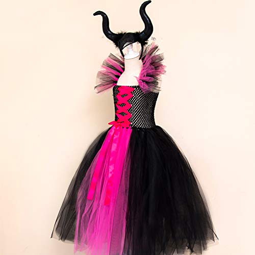 Disfraz Maléfica Niña Bruja Vampiresa Reina Malvada Maleficent Princesa Tutu Vestido+Diadema de Cuernos+las de Angel Conjunto Halloween Carnaval Fiesta de Cosplay Disfraces 04-Rosa caliente 4-5 años