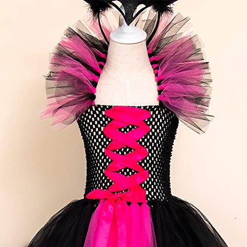 Disfraz Maléfica Niña Bruja Vampiresa Reina Malvada Maleficent Princesa Tutu Vestido+Diadema de Cuernos+las de Angel Conjunto Halloween Carnaval Fiesta de Cosplay Disfraces 04-Rosa caliente 4-5 años