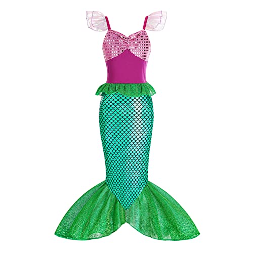 Disfraz Sirenita Niña Disfraz Halloween Niña Vestido Sirena Princesa Ariel con Peluca 9 Accesorios Disfraz Princesa Niña para Cumpleaños Fiesta Cosplay Navidad Carnaval Vestirse，Verde 6ps，130