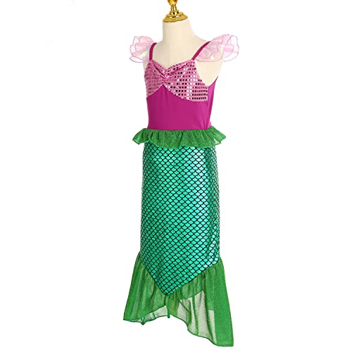 Disfraz Sirenita Niña Disfraz Halloween Niña Vestido Sirena Princesa Ariel con Peluca 9 Accesorios Disfraz Princesa Niña para Cumpleaños Fiesta Cosplay Navidad Carnaval Vestirse，Verde 6ps，130