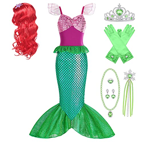 Disfraz Sirenita Niña Disfraz Halloween Niña Vestido Sirena Princesa Ariel con Peluca 9 Accesorios Disfraz Princesa Niña para Cumpleaños Fiesta Cosplay Navidad Carnaval Vestirse，Verde 6ps，130