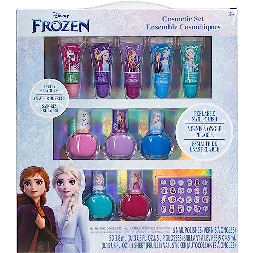 Disney Frozen - Townley Girl De Maquillaje cosmético para niñas con Pegatinas de uñas para Esmalte de uñas con Brillo de Labios - 11 Piezas | Regalo de cumpleaños para niñas a Partir de 3 años