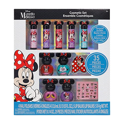 Disney Minnie Mouse - Townley Girl Juego de Maquillaje cosmético Brillante para niñas con bálsamo Labial, Pegatinas para Esmalte de uñas, 35 Piezas por Encima de 3 años