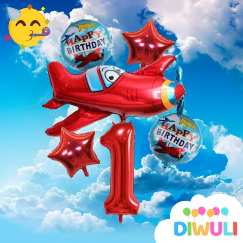 DIWULI, juego de globos de avión grande, globo de avión XXL, globo de número 1 rojo, globo de estrella, globos de lámina de feliz cumpleaños, 1º cumpleaños infantil, fiesta temática, decoración