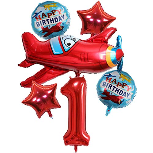 DIWULI, juego de globos de avión grande, globo de avión XXL, globo de número 1 rojo, globo de estrella, globos de lámina de feliz cumpleaños, 1º cumpleaños infantil, fiesta temática, decoración