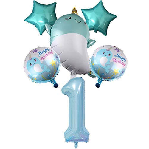 DIWULI Juego de Globos de Ballena Grande, Globo Número 1 Azul XXL, Globo de Papel de Aluminio, Globo Estrella 1º Cumpleaños Niño Niña, Decoración, Juego de Globos, Mar, Animal Marino, Animal, Fiesta