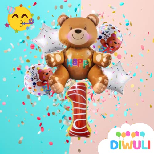 DIWULI Juego de Globos de Oso Grande, Globo de Número 1 XL, Globo de Oso XL, Globo de Lámina de Feliz Cumpleaños, 1º Cumpleaños de Niño y Niña, Decoración de Fiesta Temática, Decoración