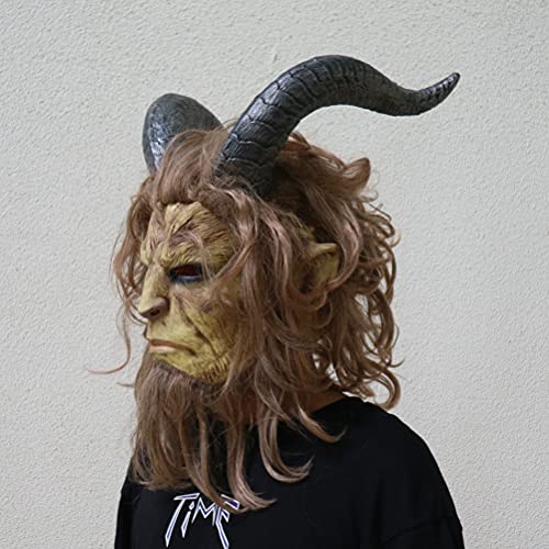 DKaony Máscara de Halloween, máscara de bestia, disfraz de bestia, disfraz de Halloween, máscara de bestia para adultos, casco realista de látex para hombres con peluca, cuernos de bestia