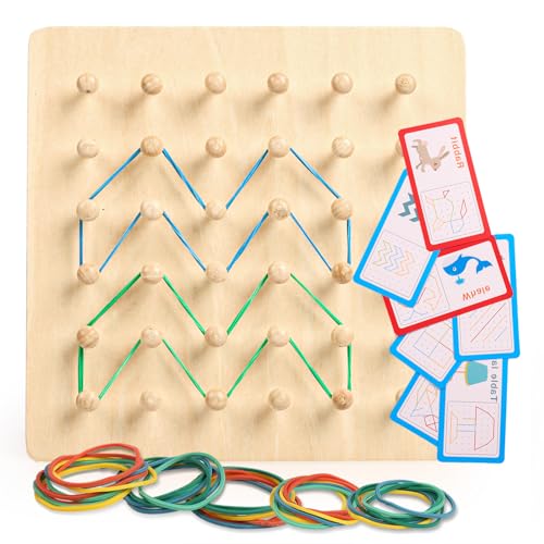 DKINY Tablero de geometría Geoboard de Madera Montessori Juguete Educativo de Creatividad y Imaginación para niños Placa 6x6 Creativo con 30 Tarjetas y 20 Gomas elásticas Tabla Rompecabeza Regalos