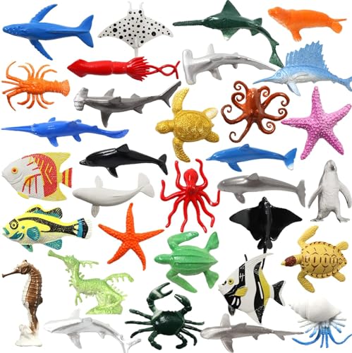 DOITEM 32 Pack Mini Vinilo Plástico Ocean Sea Animal Figuras Juego de Juguete, Realista Under The Sea Life Figura Regalo de baño para niños Educativos Niños Fiesta Cake Cupcake Topper