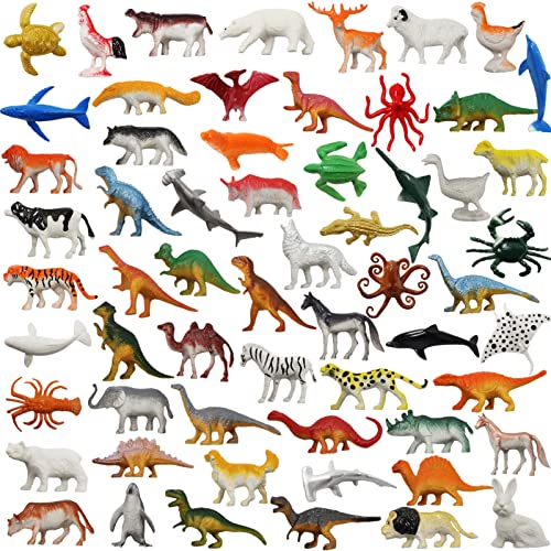 DOITEM Juguetes de Animales, 60 Piezas Surtidas Dinosaurio Océano Mar Animal Selva Animal Animales Salvajes Dinosaurios Figura Realista Plástico Zoo Play Set Juguetes Pequeños para Niños