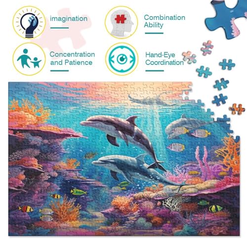 Dolphin Puzzle 300 Piezas Adultos，Marine Organism Puzzle,Rompecabezas De Piso Juego De Rompecabezas Y Juego Familiar 300pcs (40x28cm)