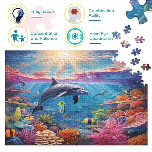 Dolphin Puzzle 500 Piezas Adultos，Marine Organism Puzzle,Rompecabezas De Piso Juego De Rompecabezas Y Juego Familiar 500pcs (52x38cm)