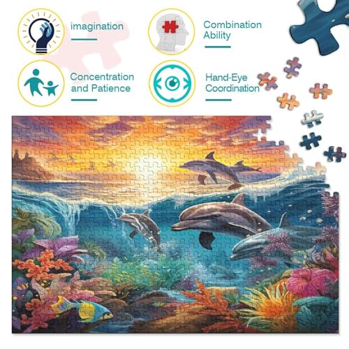 Dolphin Puzzle De 300 Piezas Obra De Arte De Juego De Rompecabezas para Adultos, Marine Organism Rompecabezas，Rompecabezas De Piso De Impresión De Alta Definición Multicolor300pcs (40x28cm)