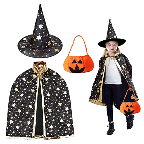 DONGQI Capa de Mago de Halloween para Ninos, Capa De Bruja para Niños, Capa de Estrella con Sombrero, Bolsa de Caramelo de Calabaza, para Niños Niña Disfraz de Cosplay ​Fiesta