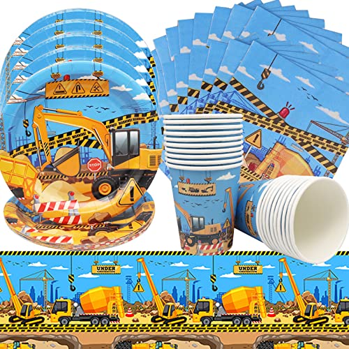 Doyomtoy Excavadora Juego de Platos, 61 Piezas Excavadora Cumpleaños Vajilla, Sitio de Construcción Cumpleaños Decoración Set Cenas Platos Servilletas Tazas y Manteles